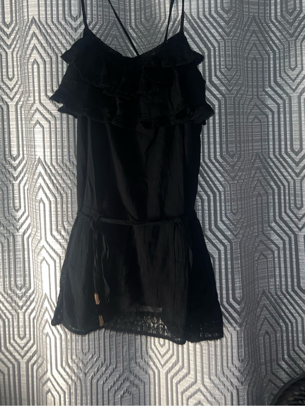 Free-est Black Ruffle Strappy Sundress with Waist Tie
